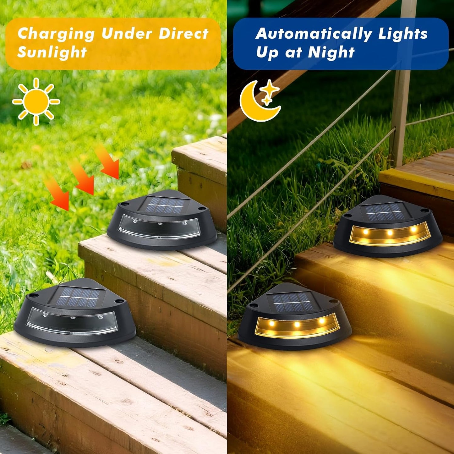 Qoosea 4-piece IP65 waterproof solar stair lighting, 2800K warm white LED step lights, garden lamps for outdoor stairs, steps, fences
