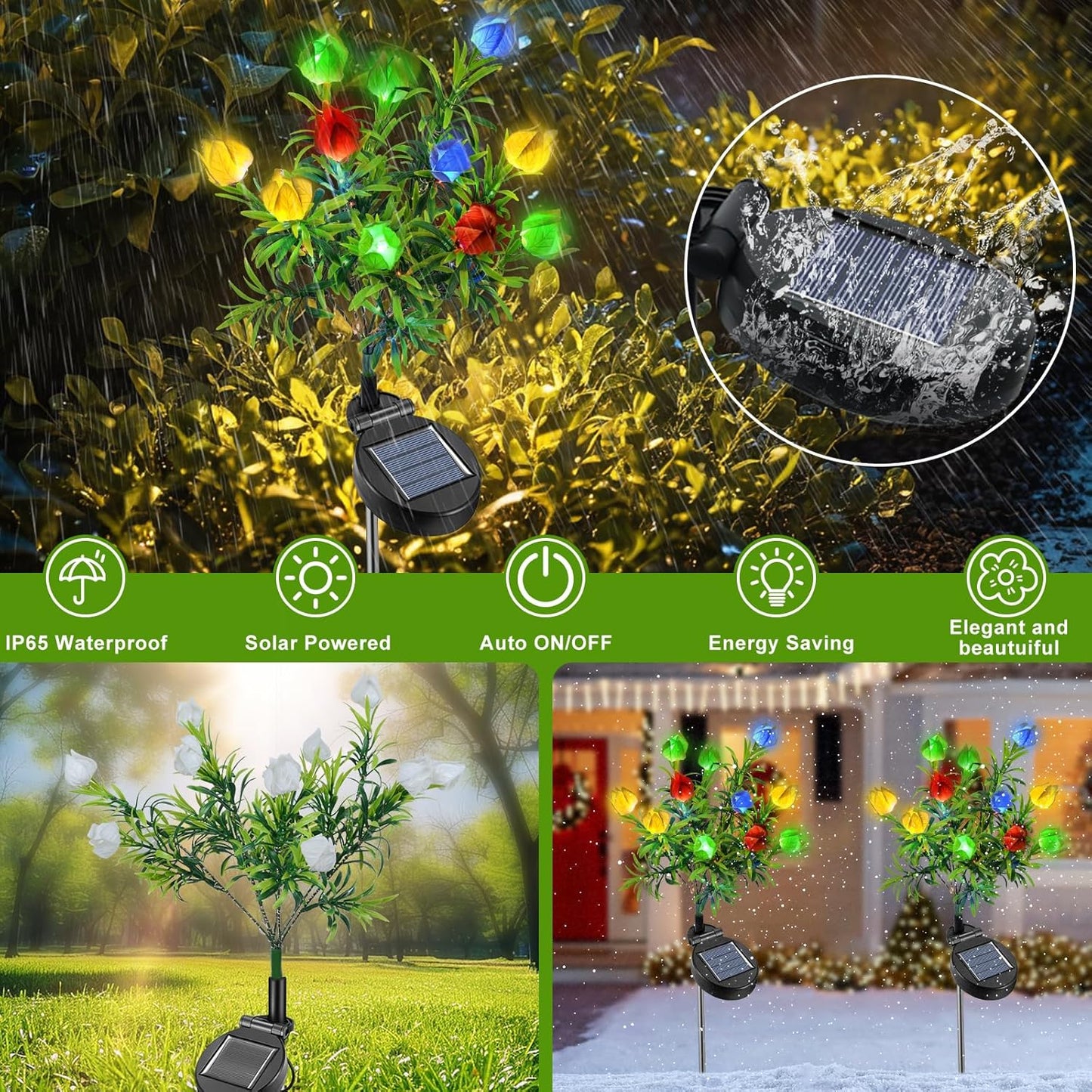 Qoosea  2 Pack 8 Flower Solar Light Outdoor Waterproof  Colorful Light 2 Lightning Mode