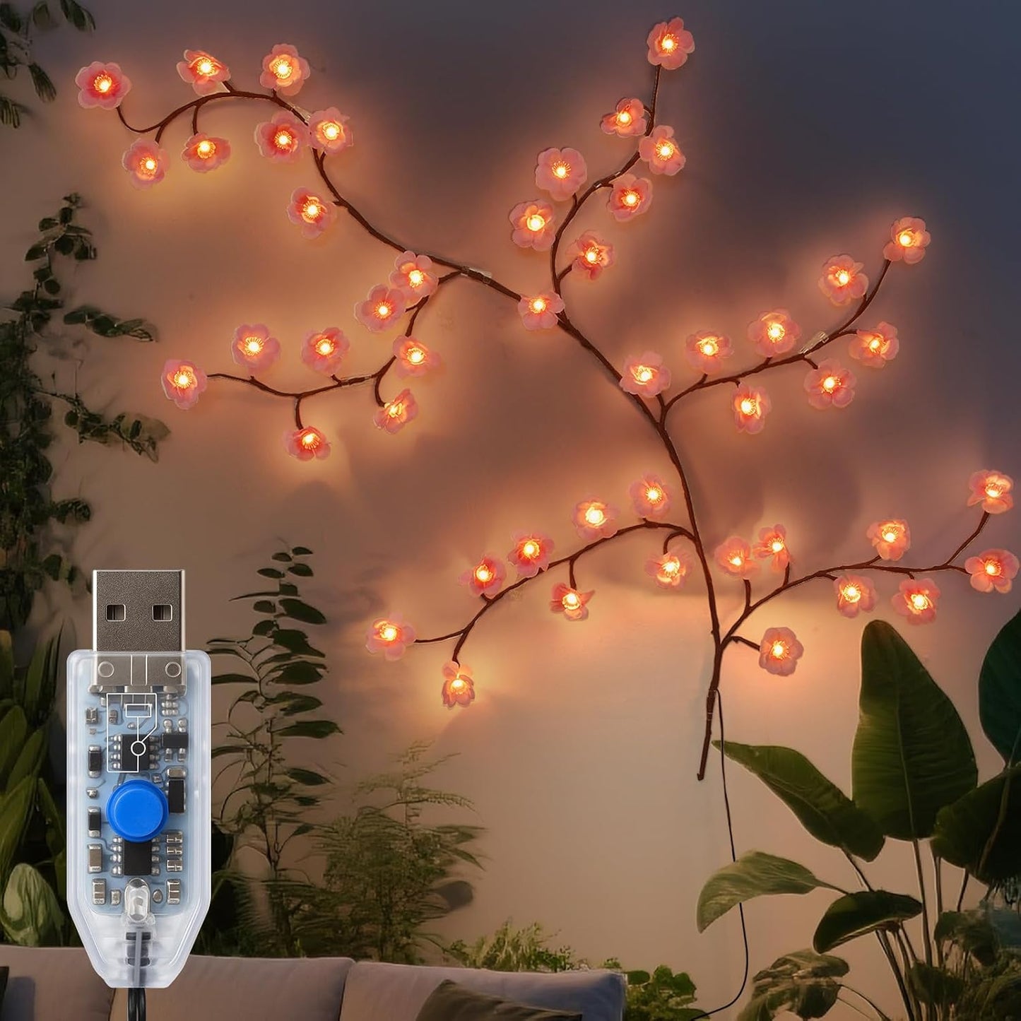 Qoosea Decorative Cherry Branch Wall Lights 48 LEDs 1.2M with Remote Control 8 Lighting Modes