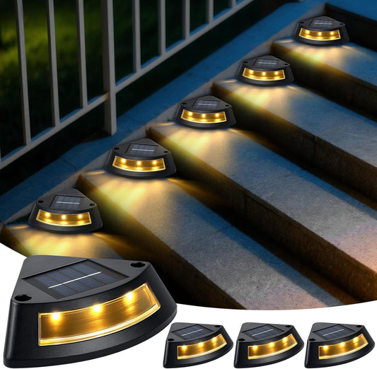 Qoosea 4-piece IP65 waterproof solar stair lighting, 2800K warm white LED step lights, garden lamps for outdoor stairs, steps, fences