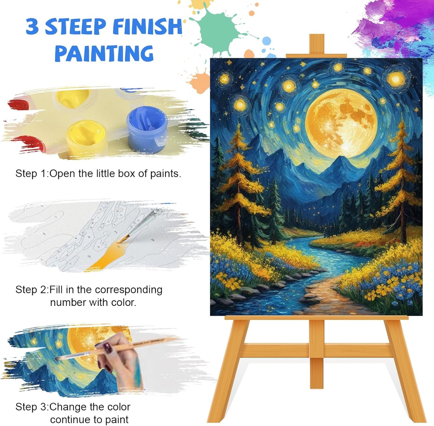 Qoosea Paint by Numbers Kit Adult : DIY Painting Kits for Beginners Adults with Frame FunMoon Number Painting Art