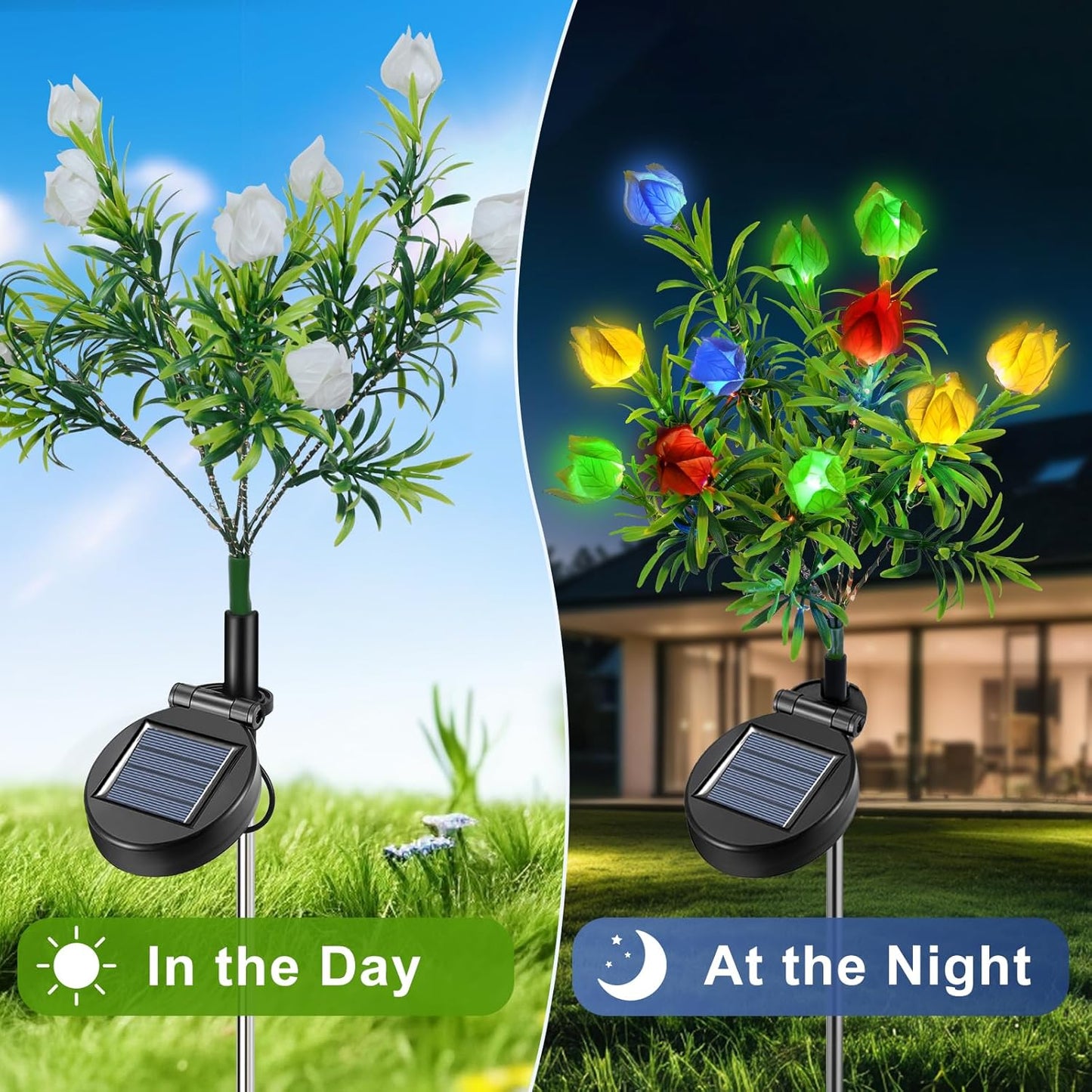 Qoosea  2 Pack 8 Flower Solar Light Outdoor Waterproof  Colorful Light 2 Lightning Mode