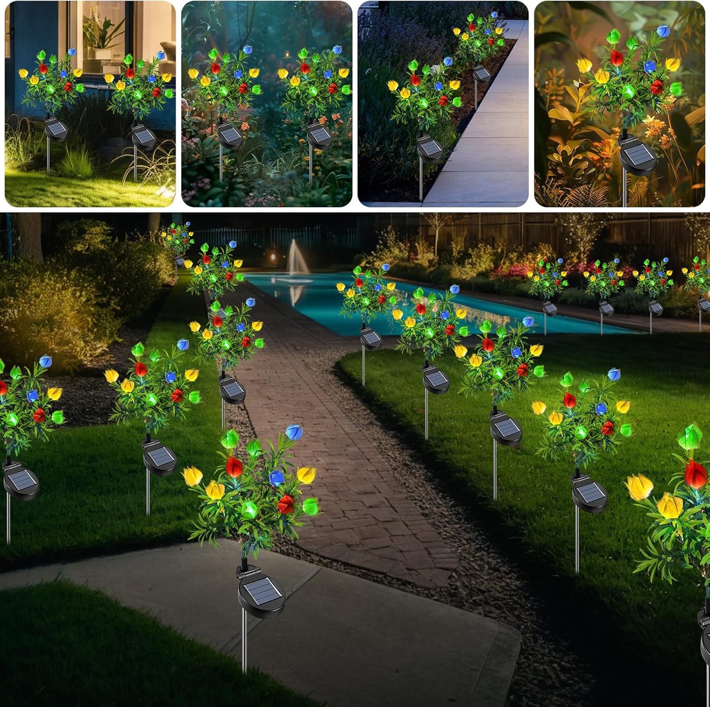 Qoosea  2 Pack 8 Flower Solar Light Outdoor Waterproof  Colorful Light 2 Lightning Mode