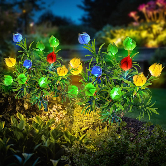 Qoosea  2 Pack 8 Flower Solar Light Outdoor Waterproof  Colorful Light 2 Lightning Mode
