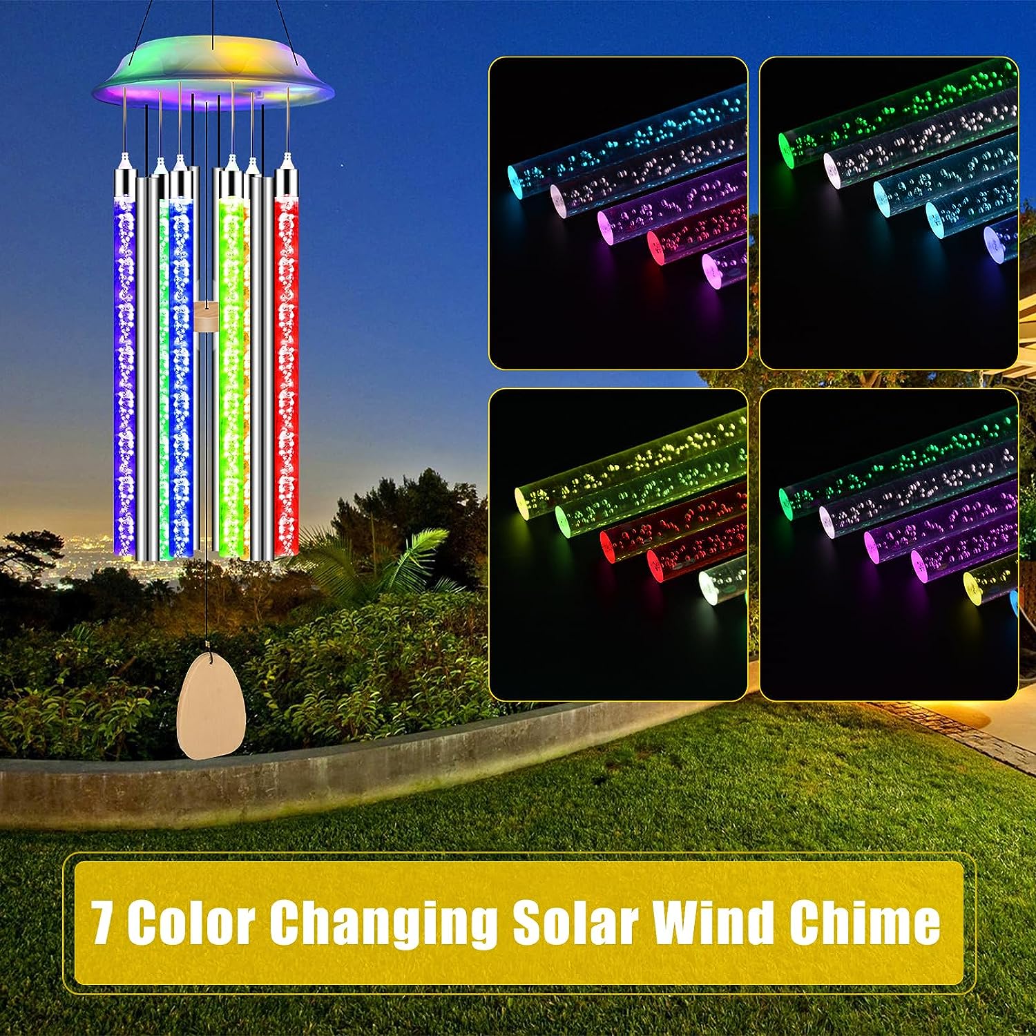 Qoosea Solar Wind Chimes, 6 LED Tubes Color Changing Solar Wind Chimes for Outside