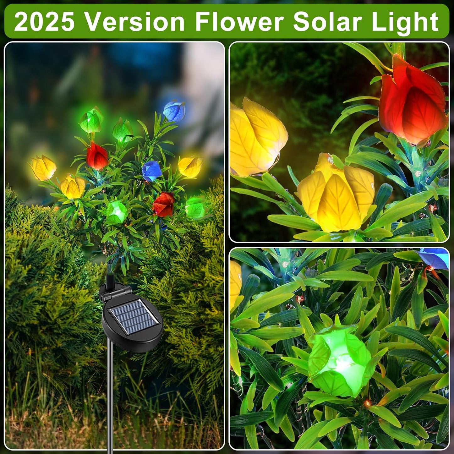 Qoosea  2 Pack 8 Flower Solar Light Outdoor Waterproof  Colorful Light 2 Lightning Mode