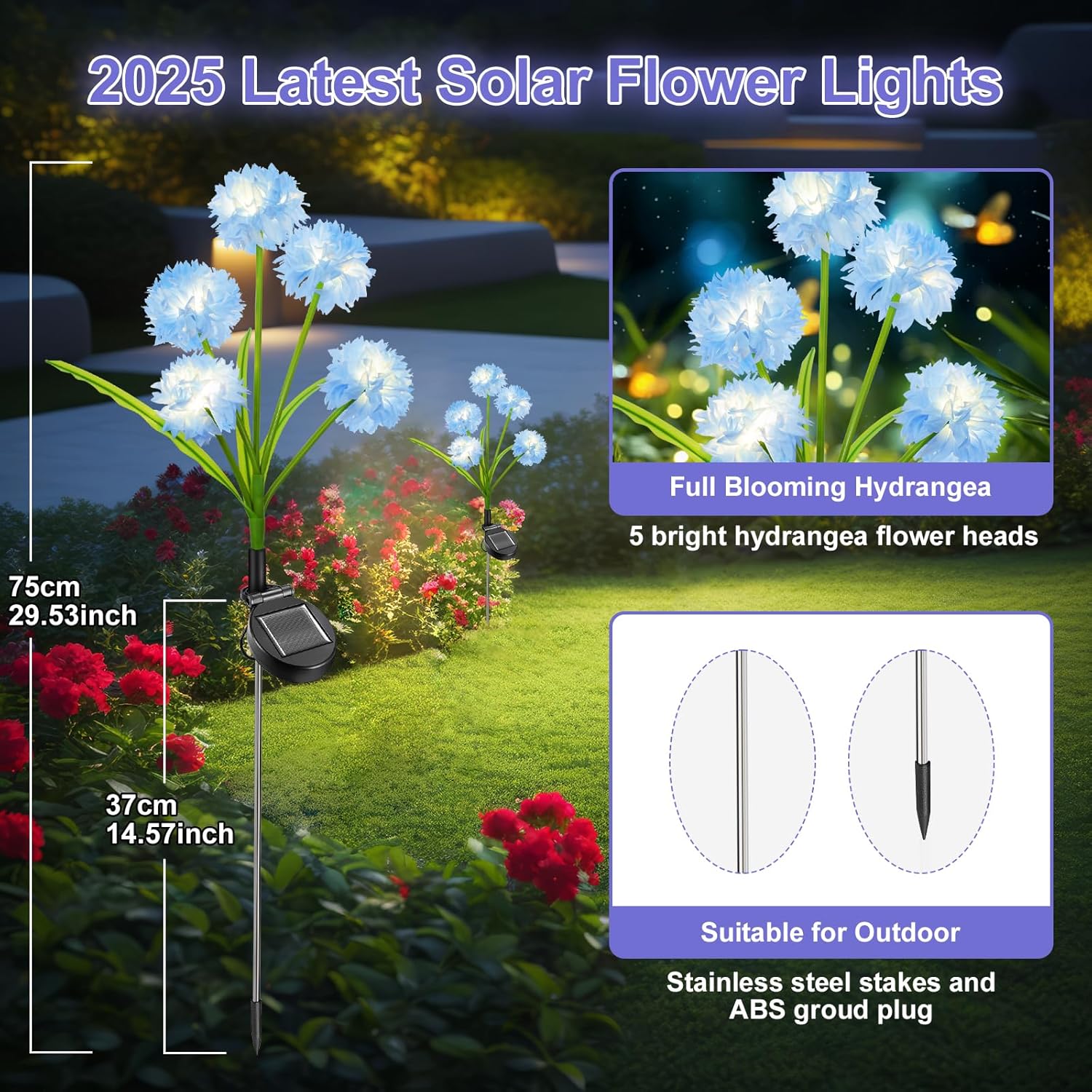 Qoosea Solar Garden Lights Outdoor Garden Decor, 2 Pack 5 Heads Hydrangea Ground Plug Lights