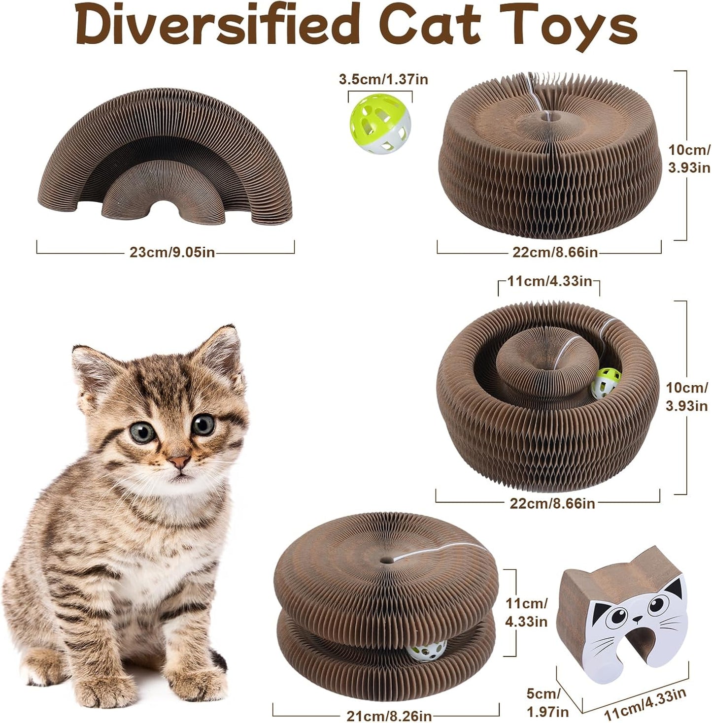Qoosea Kitty Kurlz Indoor Cat Toy, Cat Paw-Shaped Accordion Cat Scratcher with Bell Ball & Magnetic Design