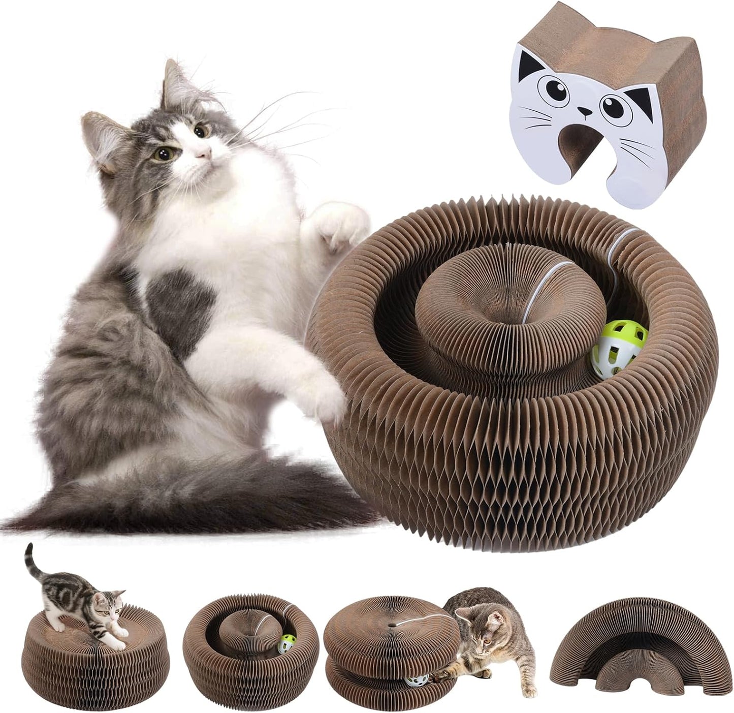 Qoosea Kitty Kurlz Indoor Cat Toy, Cat Paw-Shaped Accordion Cat Scratcher with Bell Ball & Magnetic Design