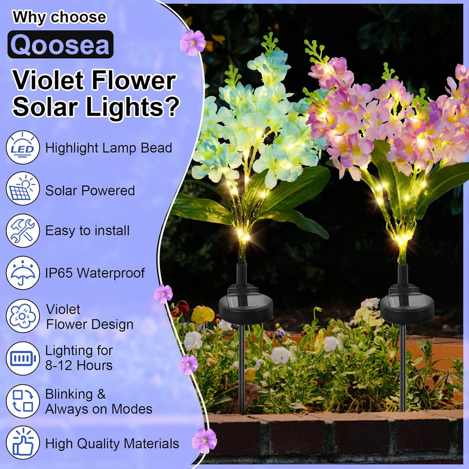 Qoosea Solar Garden Lights, 2 Pack Outdoor Solar Flowers Lights with 12 Violet Flower