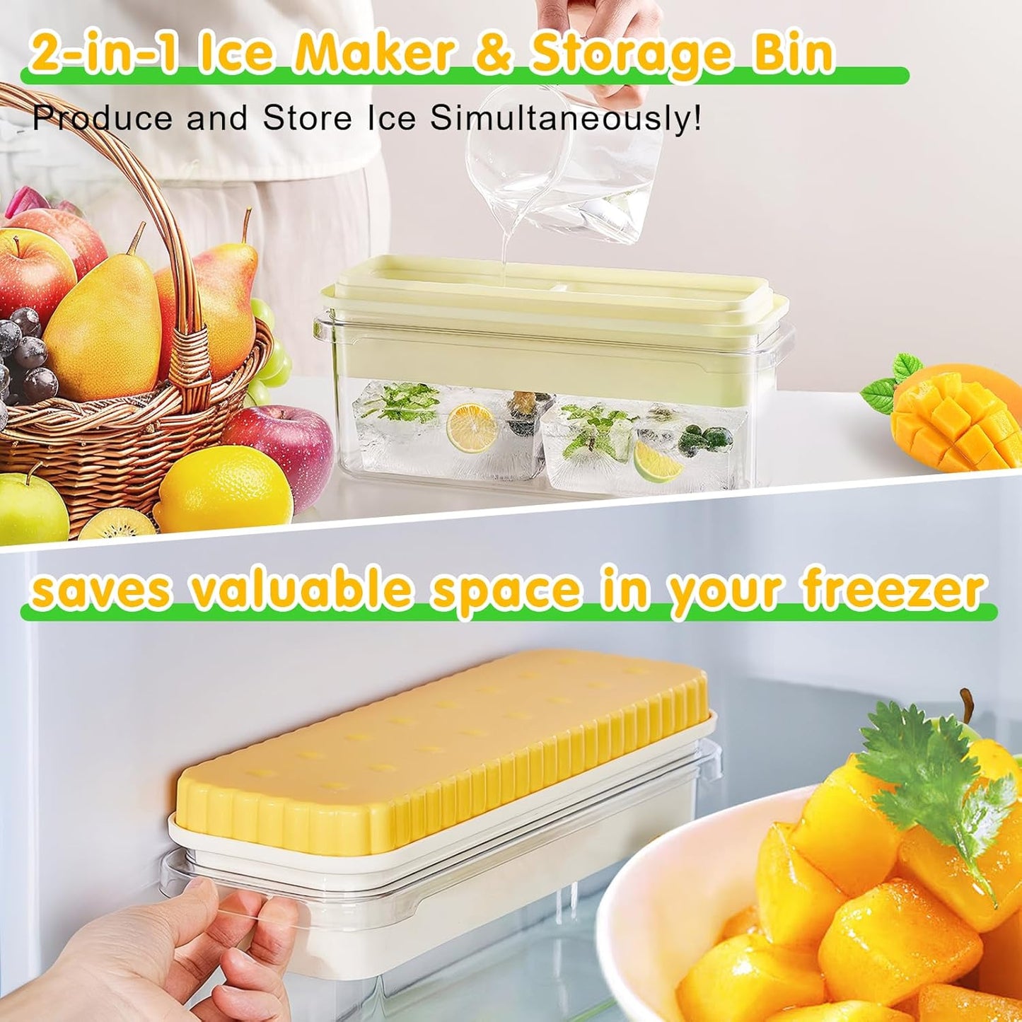 Qoosea Ice Cube Tray with Lid and Bin:Large 2Pcs 1 Tray Ice Cube Trays for Freezer Reusable Ice Trays