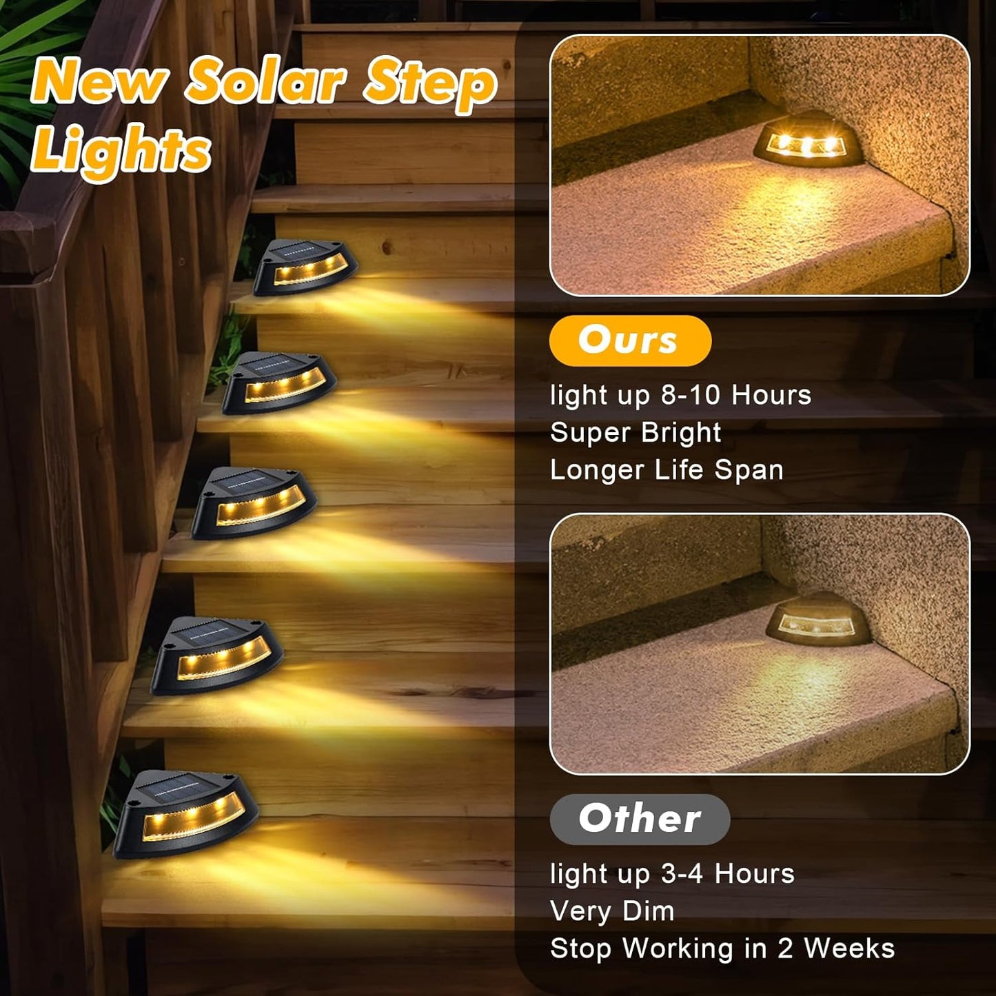 Qoosea 4-piece IP65 waterproof solar stair lighting, 2800K warm white LED step lights, garden lamps for outdoor stairs, steps, fences