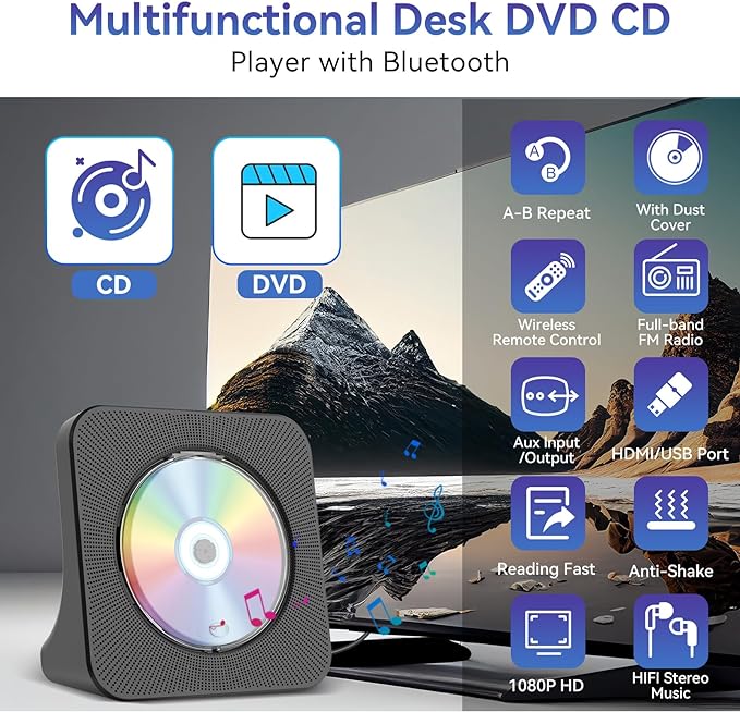 DVD CD player for TV with Bluetooth HDMI and region-free