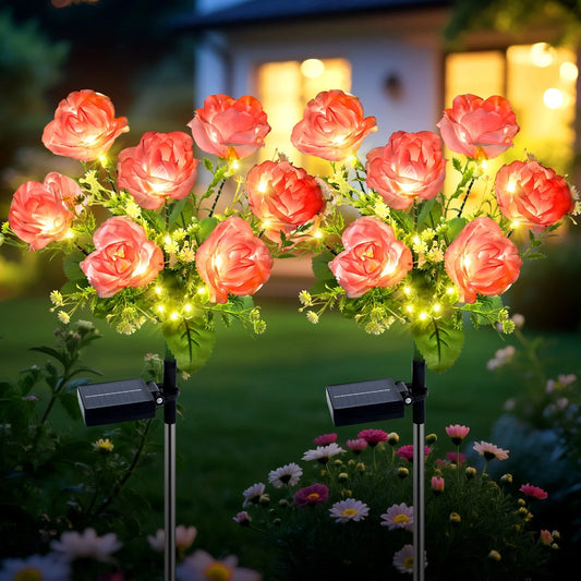 Qoosea Solar Flowers Outdoor Lights, 7 Heads Rose LED Solar Garden Lights Waterproof, Solar Lights Outdoor for Yard Patio Lawn Garden Decor, 2 Pack