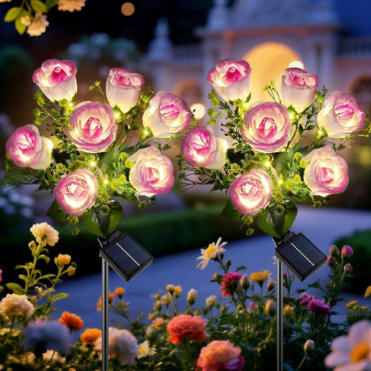 Qoosea Solar Lights Outdoor, 7 Heads Rose Flower Bud Solar Garden Lights Waterproof, Solar Flowers Lights for Yard Patio Garden Decor, 2 Pack Purple