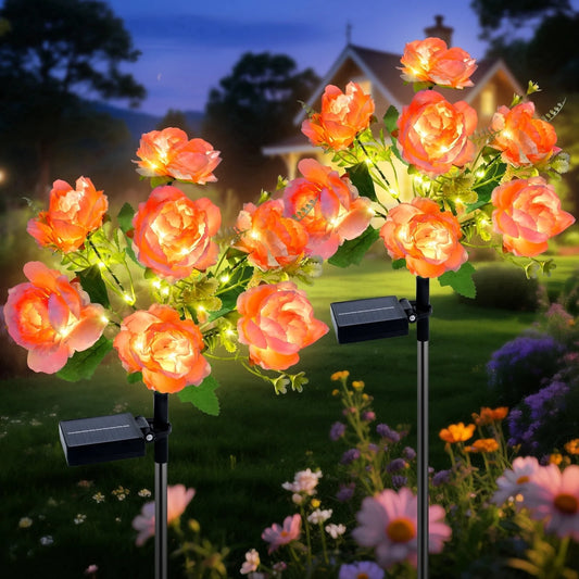 Qoosea Solar Lights Outdoor Waterproof: 7-Head Peony Solar Flower Lights Outdoor Garden Decor for Yard Patio Decorations, 2 Pack Pink, LED Warm Light