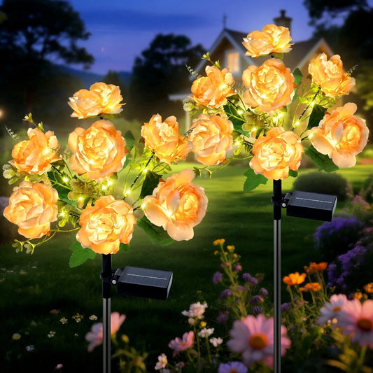 Qoosea Solar Lights Outdoor Waterproof: 7 Head Peony Solar Flower Lights Outdoor Garden Decor for Yard Patio Decorations, 2 Pack Champagne Warm Light