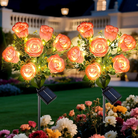 Qoosea Solar Lights Outdoor, 7 Heads Rose Flower Bud Solar Flowers Outdoor Garden Waterproof, Solar Garden Lights for Yard Patio Lawn Decor, Garden Decorations 2 Pack Pink