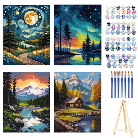 Qoosea 4 Pack Paint by Numbers Kit for Adults with Frame, Paint by Number with Wooden Easel DIY Landscape Paint Kits for Adults for Home Decor Wall Decor 11.8x9.4inch