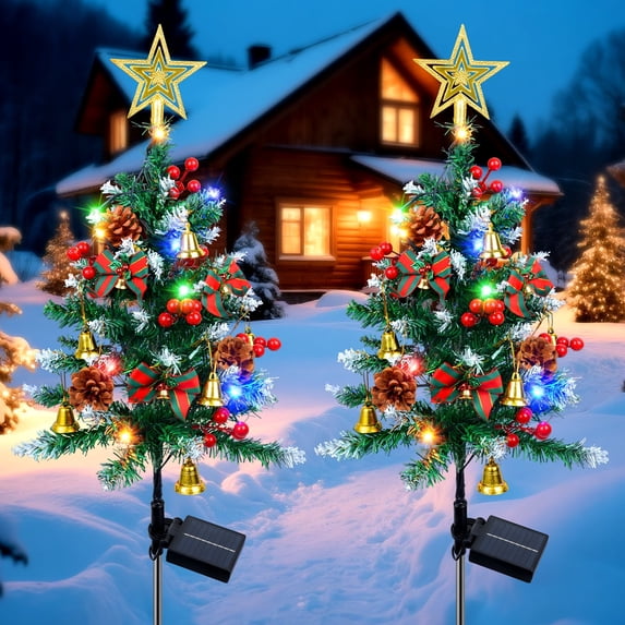 Qoosea 2Pcs Solar Christmas Tree Lights Outdoor Decorations, 34in 20 LEDs 8-Mode Path Lights, Solar Christmas Tree for Outside Yard Pathway Garden Grave Cemetery Xmas Decor