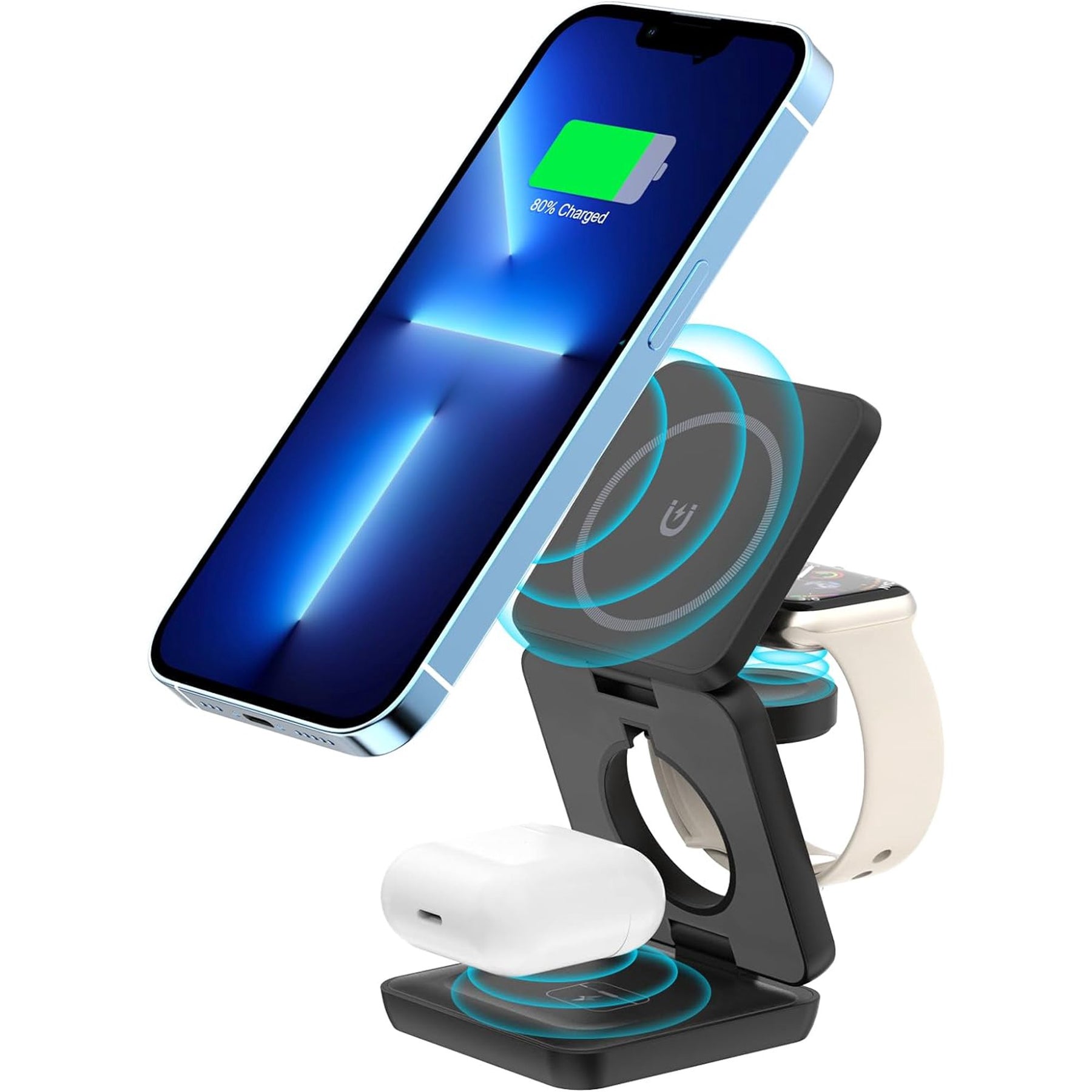 Qoosea 3 in 1 Wireless Charging Station for Apple 15W Magnetic Foldable Travel Charger for Multiple Devices for iPhone 15/14/13/12 Series 5W for iWatch for AirPods