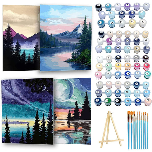 Qoosea 4 Pack Paint by Numbers Kits for Adults and Kids, Beginner DIY Arts & Crafts Set with Wooden Easel, Acrylic Paints, Brushes, 9 x 12 Inch Canvas