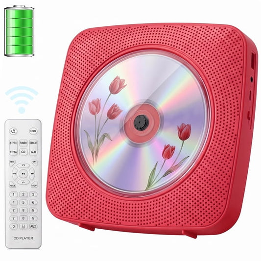 Qoosea CD Player Bluetooth Portable Rechargeable Desktop Wall Mount CD Players for Home with Speakers Dust Cover FM Radio USB AUX Jack Remote Control