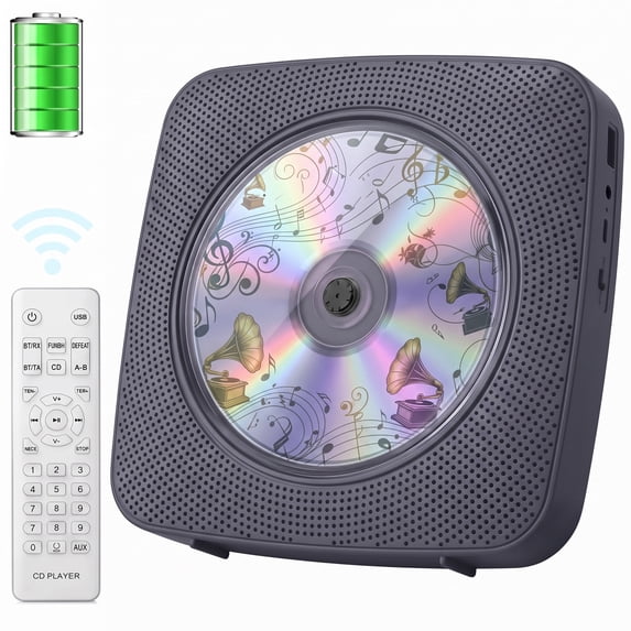Qoosea CD Player Portable Bluetooth Desktop Wall Mount Rechargeable CD Players for Home with Speakers Dust Cover FM Radio USB AUX Jack Remote Control