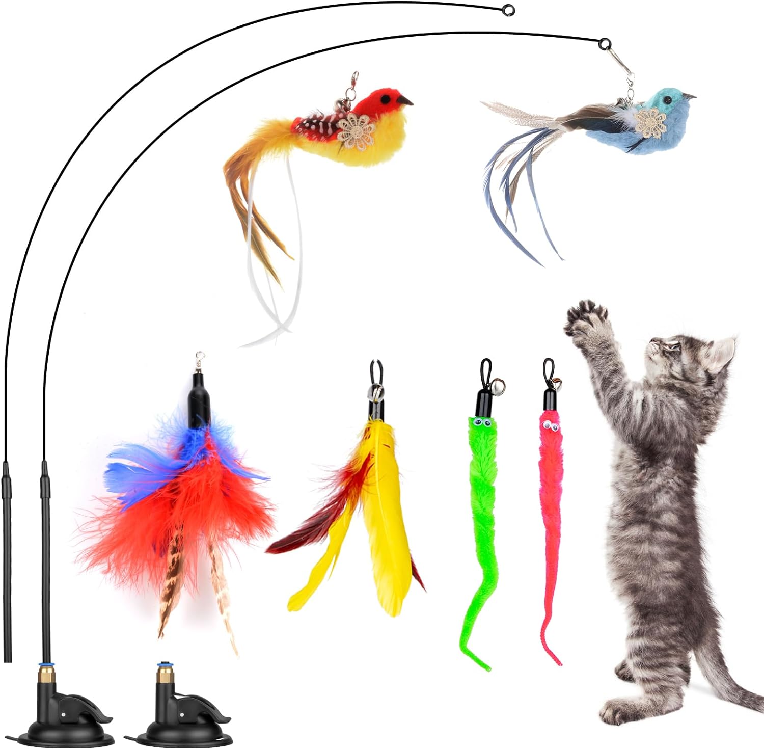 Qoosea Cat Feather Toys, 10PCS Cat Toys with Super Suction Cup, Detachable 2PCS Cat Wand Toys & 6PCS Replacement Teaser Refills with Bell, Interactive Cat Toy for Indoor Cat Accessories