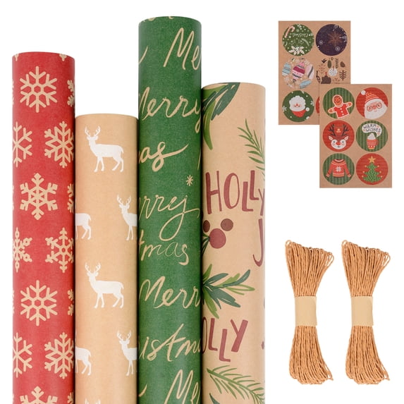 Qoosea Christmas Wrapping Paper,4 Sheets 17in x 10ft Holiday Wrapping Paper Set with Stickers & Rope,Elk Snowflake Xmas Printed Gift Wrap