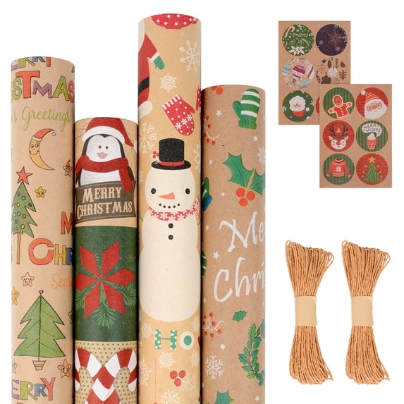 Qoosea Christmas Wrapping Paper Set,4 Sheets Santa Christmas Tree Printed Gift Wrap, Holiday Wrapping Paper with Stickers and Ropes,17in x 10ft