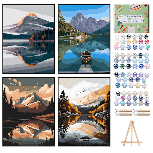 Qoosea 4 pack Paint by Numbers Kit for Adults with Frame Wooden Easel, Landscape Paint by Number Canvas, DIY Scenery Painting Kit for Home Wall Decor 9 x 12 inch