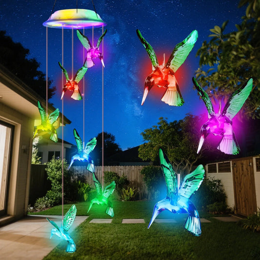Solar Hummingbird Wind Chimes Changing Colors Outdoor Waterproof LED Solar Hanging Lights for Home Party Yard Garden Christmas Decoration