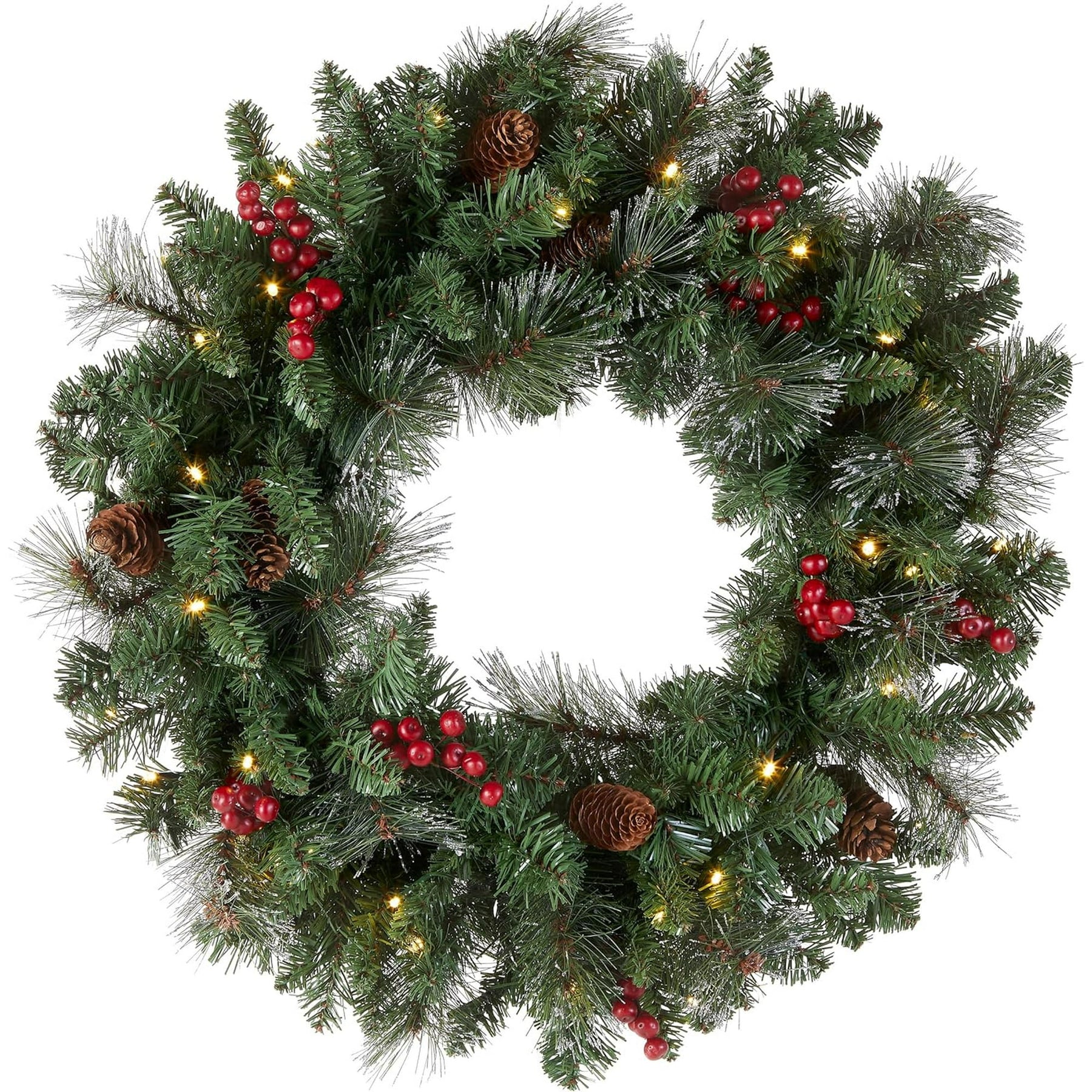 Qoosea Pre-Lit Battery Powered Christmas Wreath Artificial Pre-Decorated Holiday Accent, White Lights, Decorated with Pine Cones, Berry Clusters, Frosted Branches, Christmas Collection