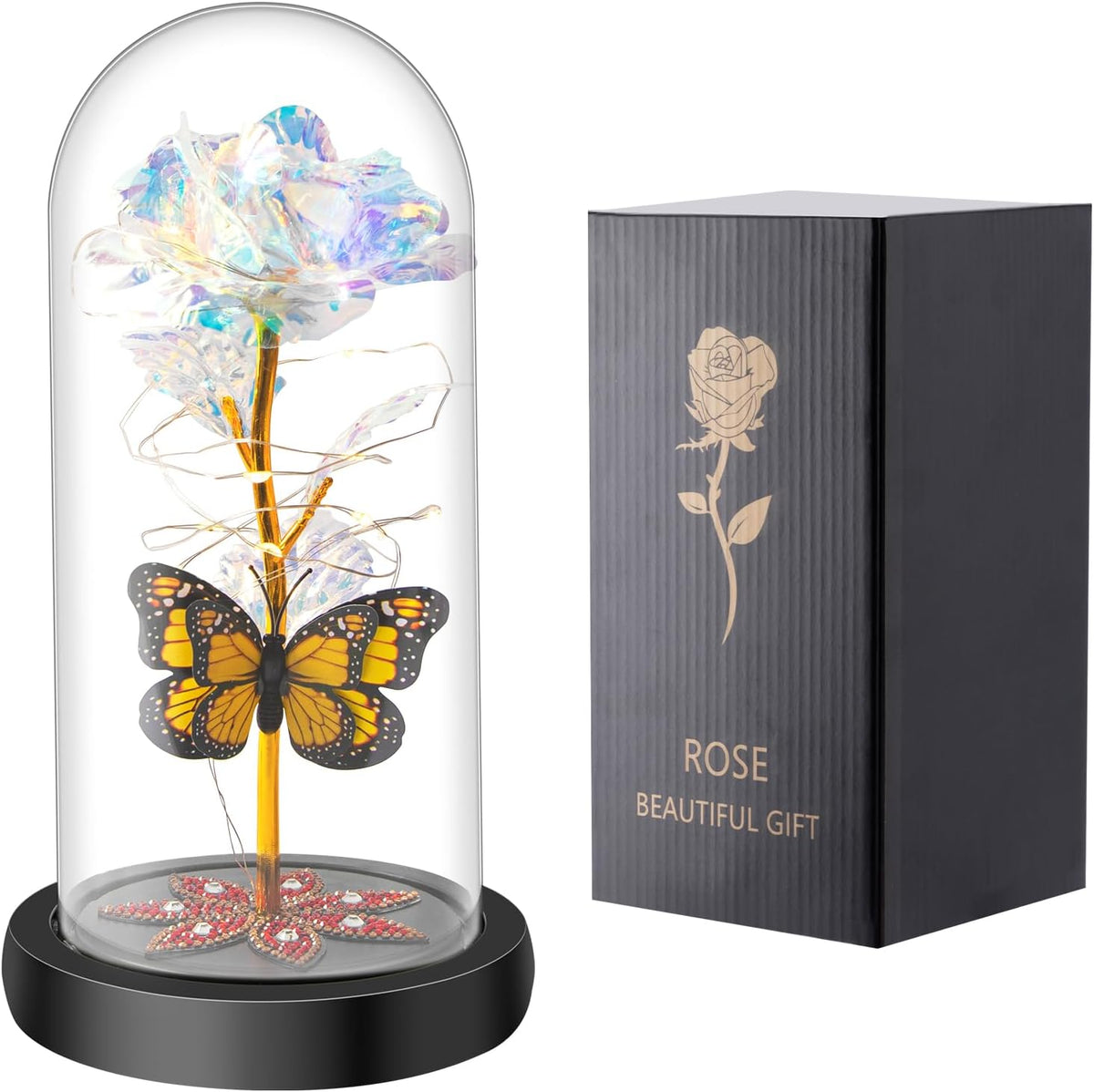 Qoosea Rose Flower Gifts for Women, Mothers Day Eternal Rose with Butterfly in Plastic Dome Artificial Flower Unique Birthday Gifts for Her Grandma Sister Friend (White)