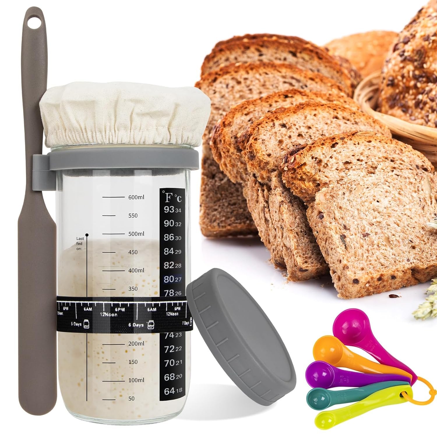 Qoosea Sourdough Starter Jar, Sourdough Starter Kit with Date Marked Feeding Band, Thermometer and Cloth Cover, Reusable Sourdough Bread Baking Supplies, Home Baking Supplies