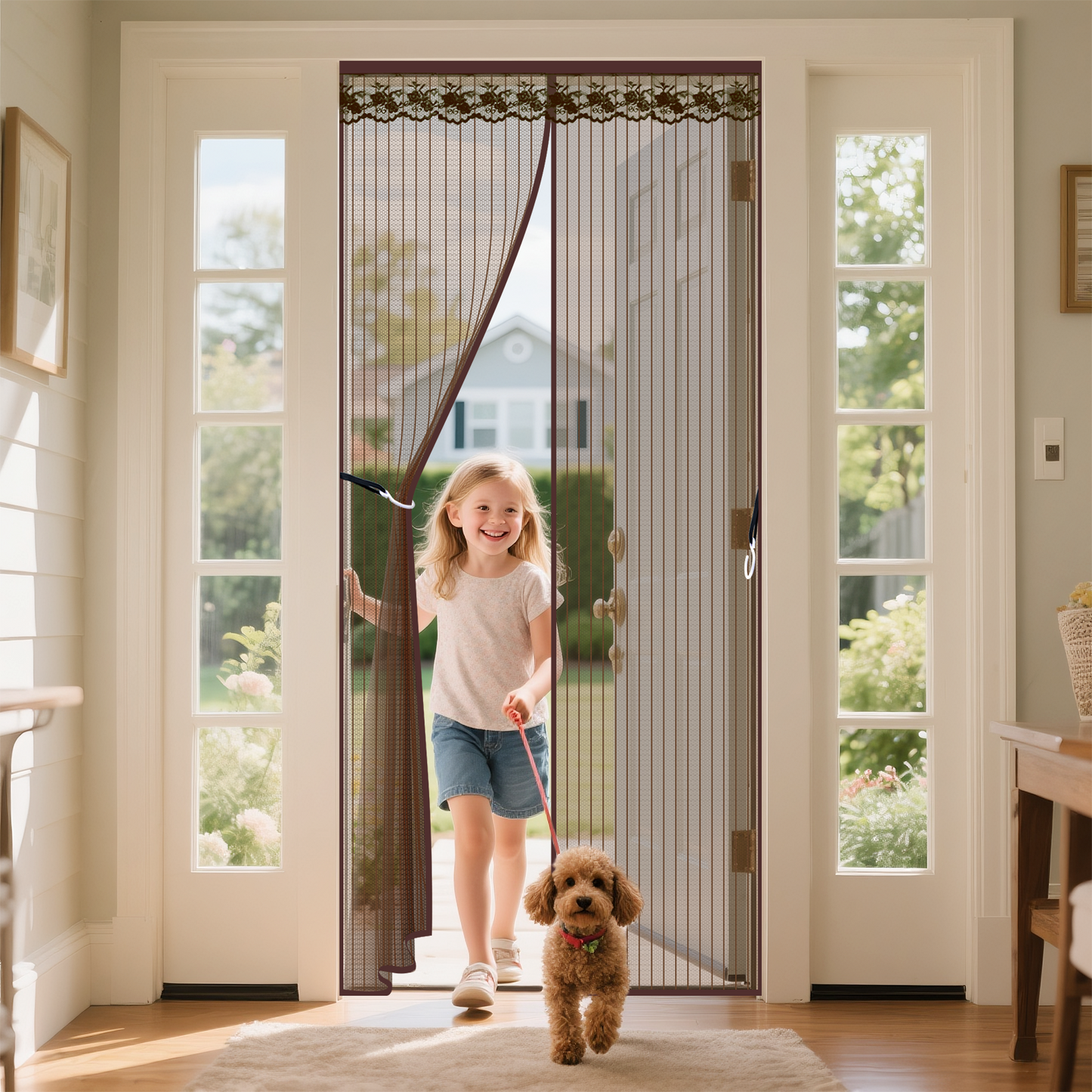 Qoosea Magnetic Screen Door with Heavy Duty Magnets, Self Sealing Mesh Screen Curtain with Hooks, Full Frame Hands Free Magnetic Door Screen Closure Fit Door Size 39 x 83 Incn(Brown)