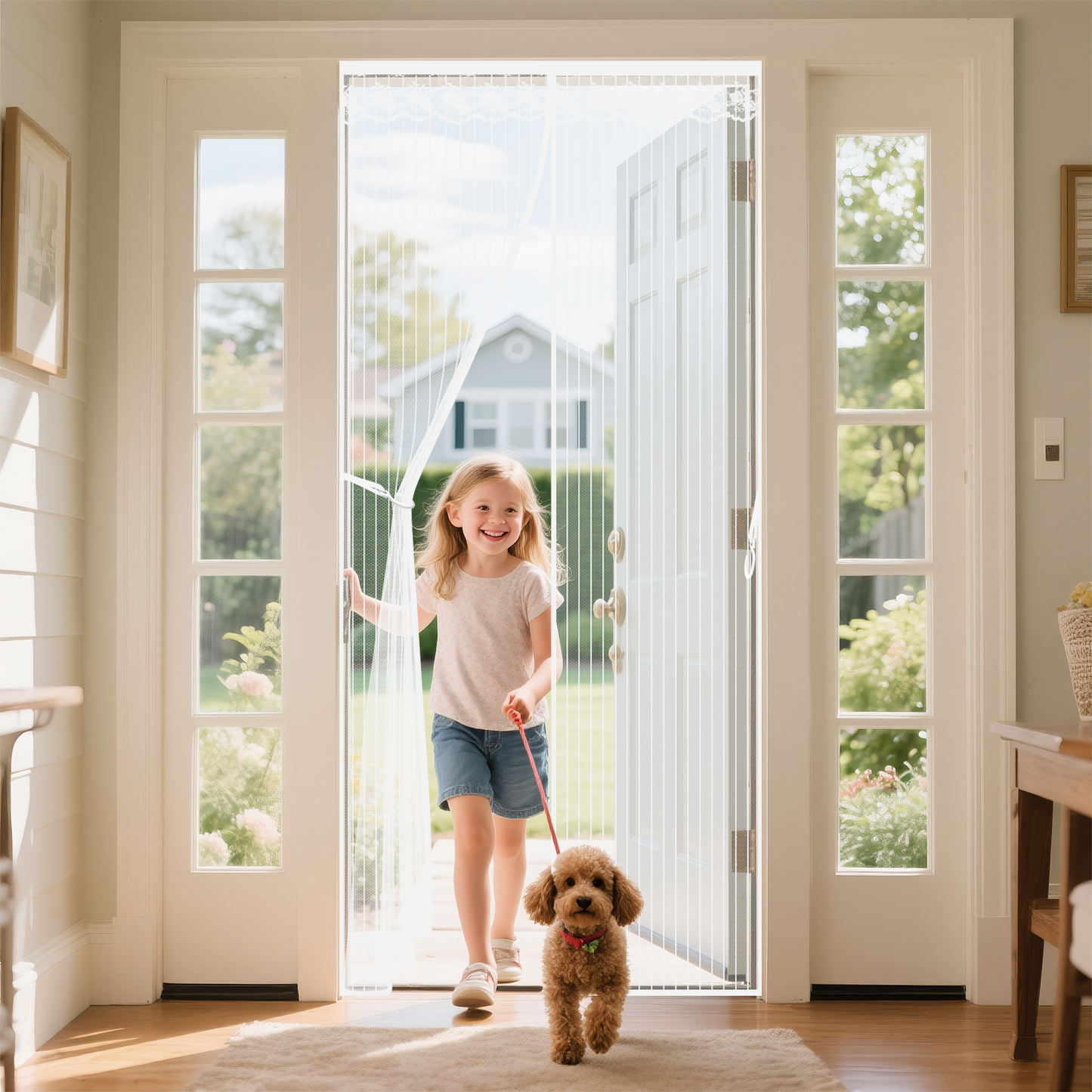 Qoosea Magnetic Screen Door with Heavy Duty Magnets, Self Sealing Mesh Screen Curtain with Hooks, Full Frame Hands Free Magnetic Door Screen Closure Fit Door Size 39 x 83 Incn(White))
