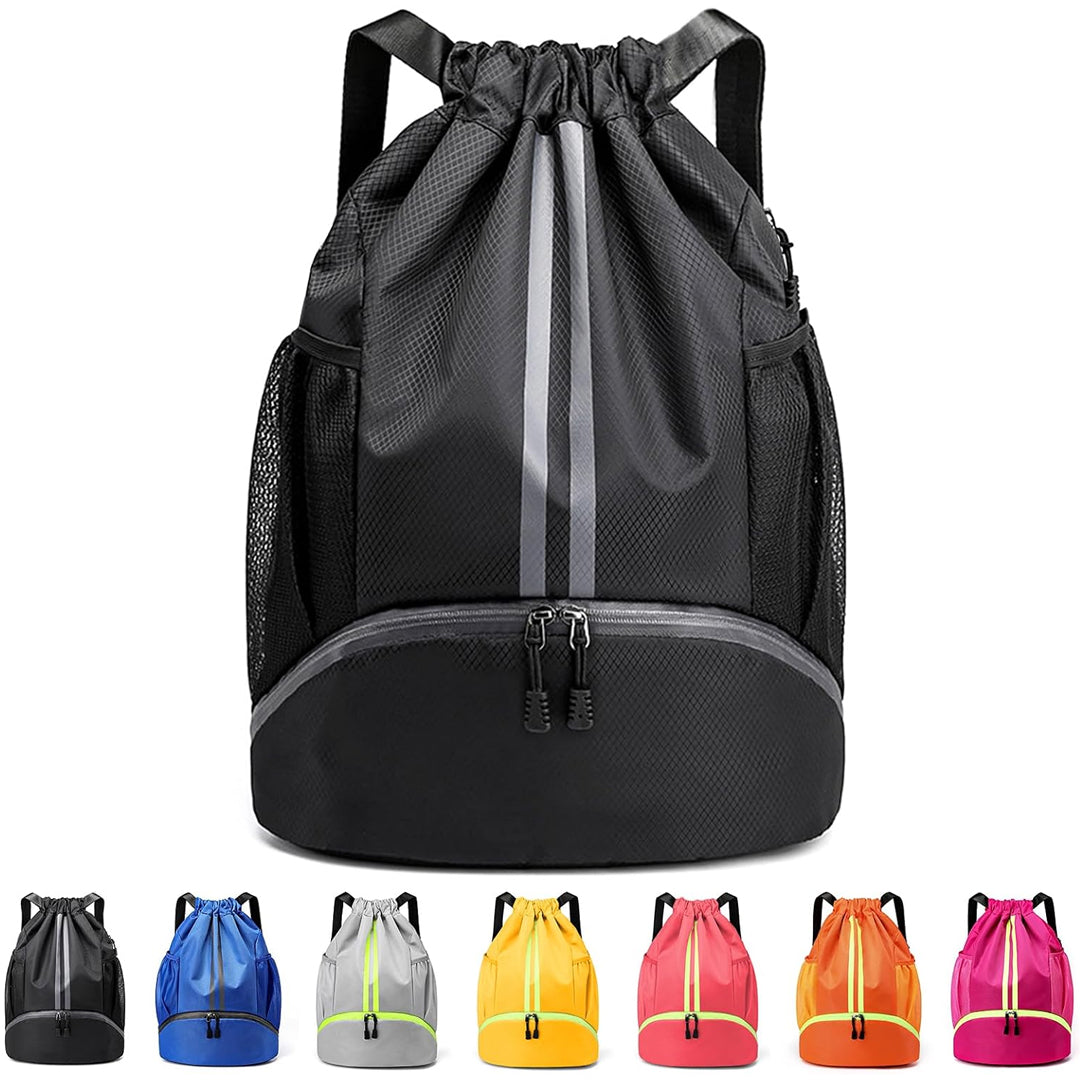 Drawstring Backpack with Mesh Pockets Shoe Compartment Water Resistant (Black)