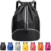 Drawstring Backpack with Mesh Pockets Shoe Compartment Water Resistant (Black)