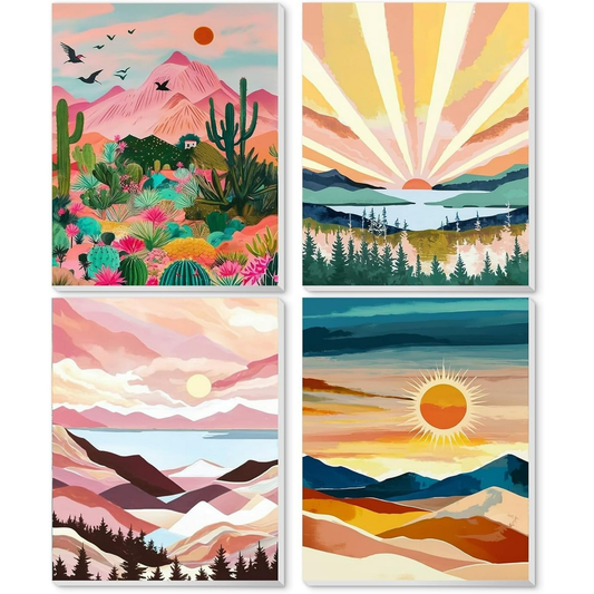 Qoosea 4 Pack Paint by Numbers Sets for Adults, Beginners DIY Crafts with Wooden Easel, Paint Brushes, Acrylic Paint Set for Home Wall Decor