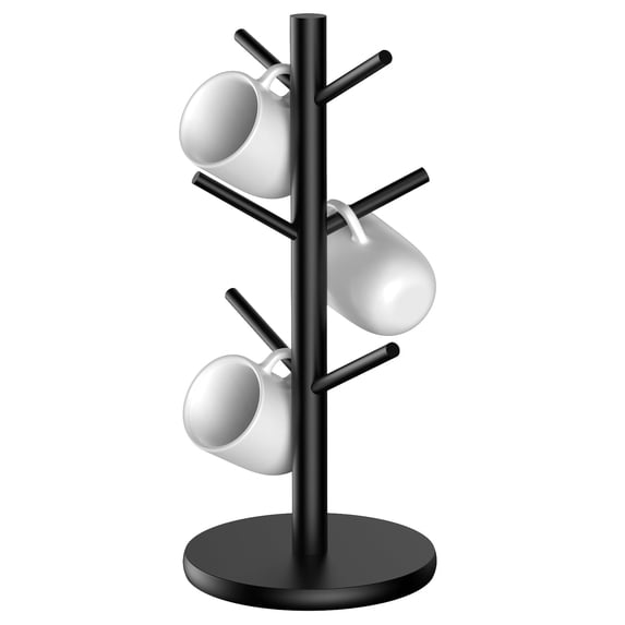 Qoosea Mug Holder Tree, Coffee Mug Rack, Coffee Cup Holder with 6 Hooks, Wood Coffee Mug Holder for Counter (Black)